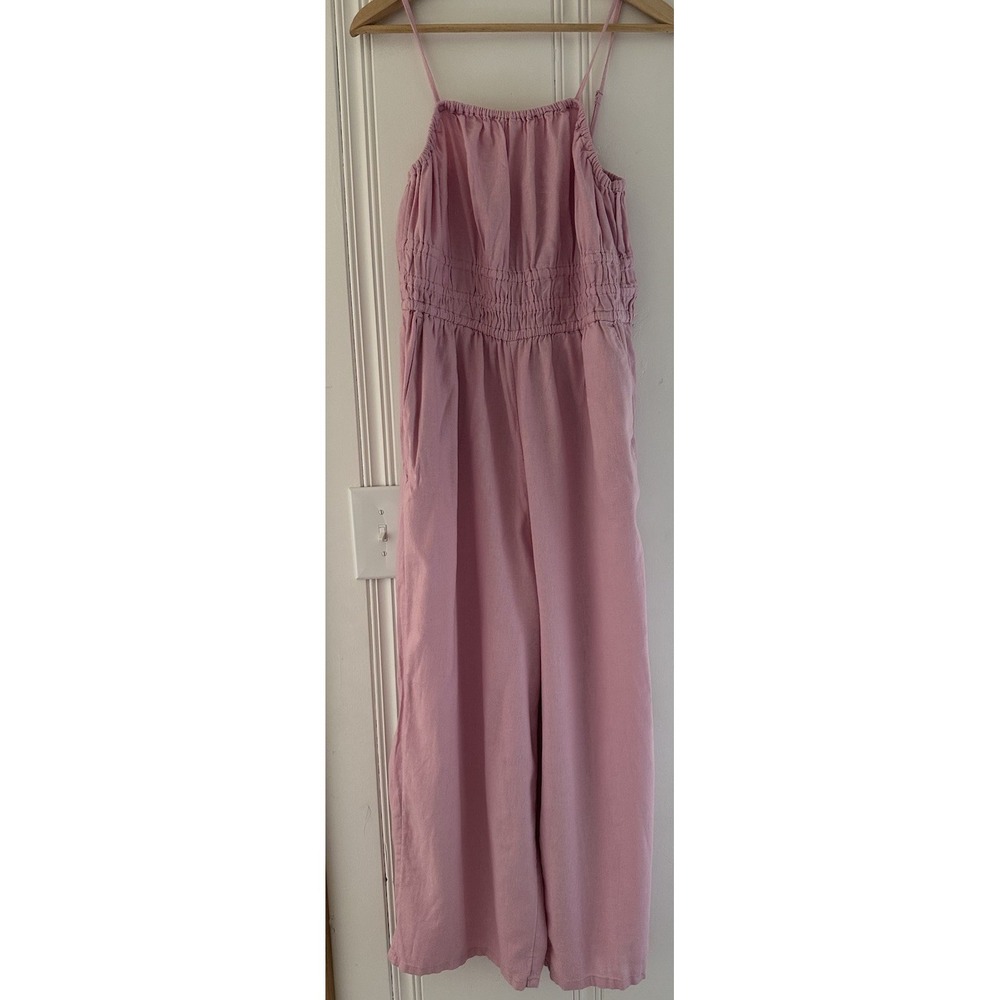 Old‎ Navy Jumpsuit Womens L Linen Pink Pastel Smocked Romper Coastal Lagenlook